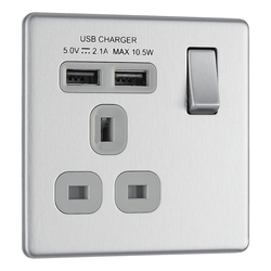 BG Screwless Flatplate Brushed Steel Single Switched 13A Power Socket With Usb Charging - 2X Usb Sockets (2.1A) - Grey Insert -