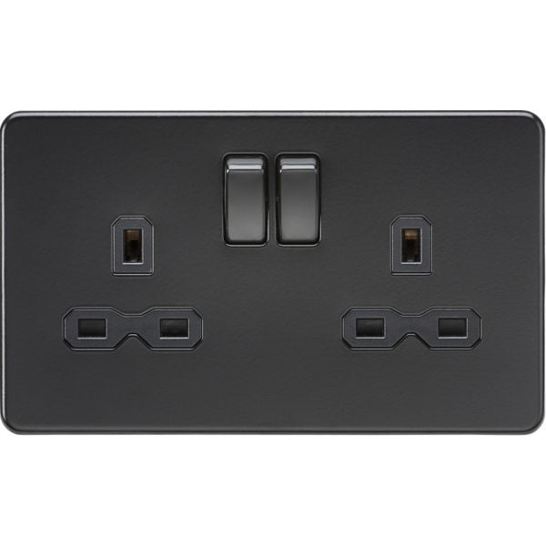 Buildrite Double Socket Knightsbridge Screwless 2 Gang Double Socket, Matt Black with Black In ...