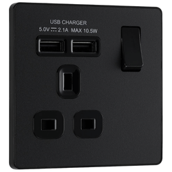 BG Evolve Matt Black Single Switched 13A Power Socket + 2 X USB (2.1A) - PCDMB21U2B