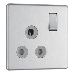 BG Nexus Flatplate Screwless Brushed Steel 1 Gang 15A Round Pin Switched Socket Grey Insert - FBS99G