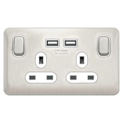 Schneider LSD 2G 13A SP 2USB White Insert - Stainless Steel  RP - GGBL30202USBAWSSS