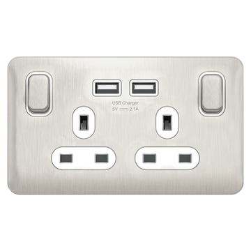 Schneider LSD 2G 13A SP 2USB White Insert - Stainless Steel  RP - GGBL30202USBAWSSS