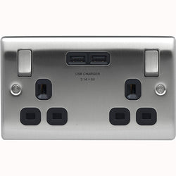BG Nexus Metal Brushed Steel Double Switched 13A Power Socket With Usb Charging - 2X Usb Sockets (3.1A) - Black Insert - NBS22U3