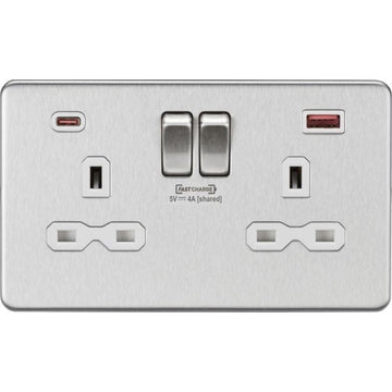Knightsbridge 13A 2G DP Switched Socket with dual USB [FASTCHARGE] A+C - Brushed Chrome with white insert - SFR9909BCW