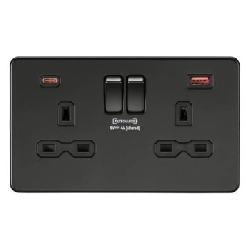 Knightsbridge 13A 2G DP Switched Socket with dual USB [FASTCHARGE] A+C - Matt Black - SFR9909MBB