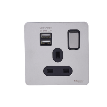 Schneider USFP 1G Switched SO SP 2XUSB 2.1 Black Insert - Stainless Steel - GGBGU34102USBABSS