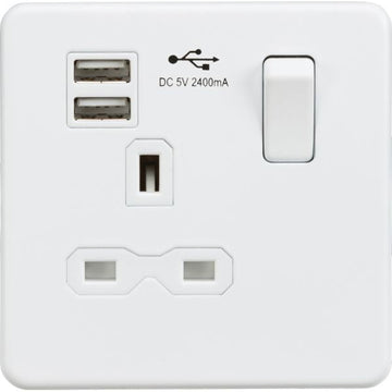 Knightsbridge Screwless 13A 1G switched socket with dual USB charger (2.4A) - matt white - SFR9124MW