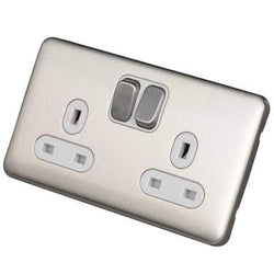 Schneider LSD 2G 13A Double Pole Switched Socket White Insert - Stainless Steel - GGBL3020DWSS