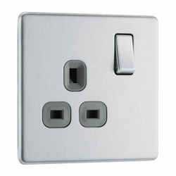 BG Screwless Flatplate Brushed Steel Single Switched 13A Power Socket - Grey Insert - FBS21G