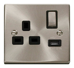 Click Scolmore Deco Satin Chrome 1 Gang USB Outlet Switch With Black Ingot - VPSC571UBK