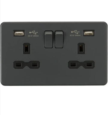 Knightsbridge 13A 2G switched socket with dual USB charger A + A (2.4A) - Anthracite - SFR9224AT