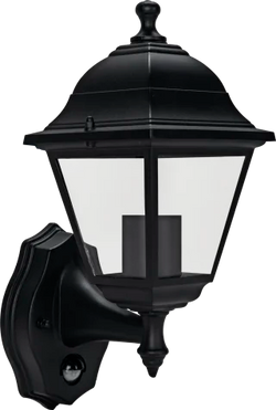 Luceco Coach 4 Panel Outdoor E27/GLS Wall Lantern With PIR - Black - LEXDCL4PB