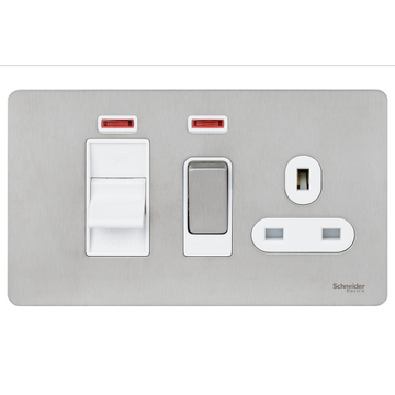 Schneider USFP 45A Cooker Switch with 13A Socket & Neon White Insert - Stainless Steel - GU4401WSS