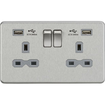 Knightsbridge 13A 2G switched socket with dual USB charger A + A (2.4A) - Brushed chrome with grey insert - SFR9224BCG
