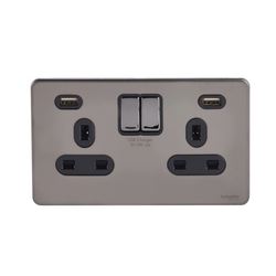 Schneider USFP 2G Switched Socket Double Pole 2x USB 4A Black Insert Black Nickel - GGBGU3424DBBN