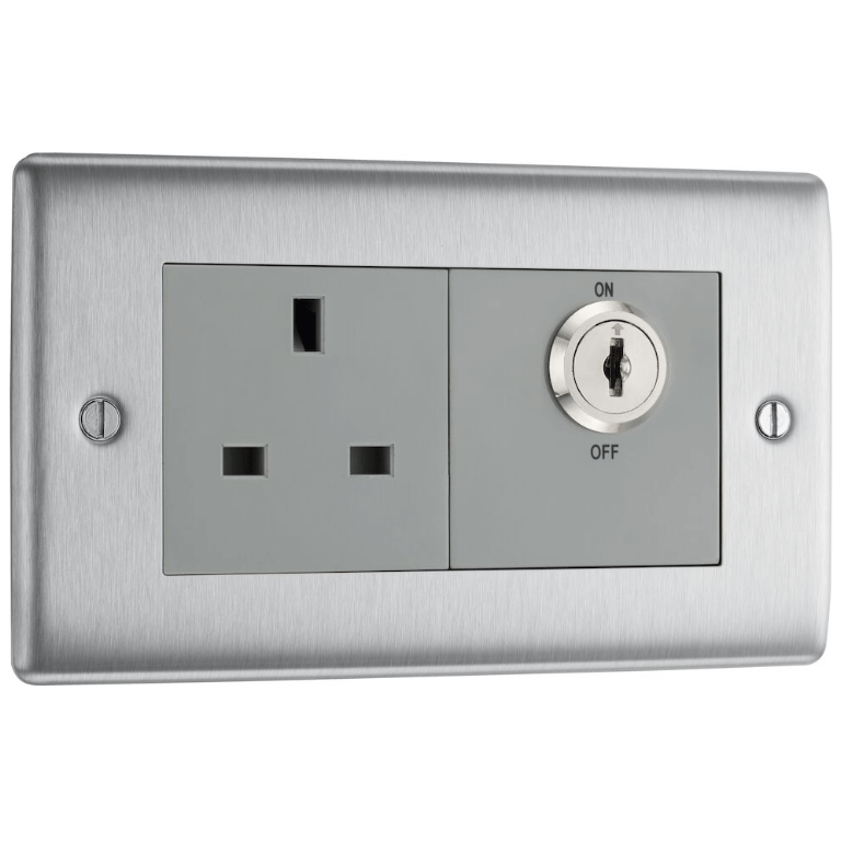 BG Nexus Metal 13A DP Key Controlled Socket - Grey Insert - Brushed St ...