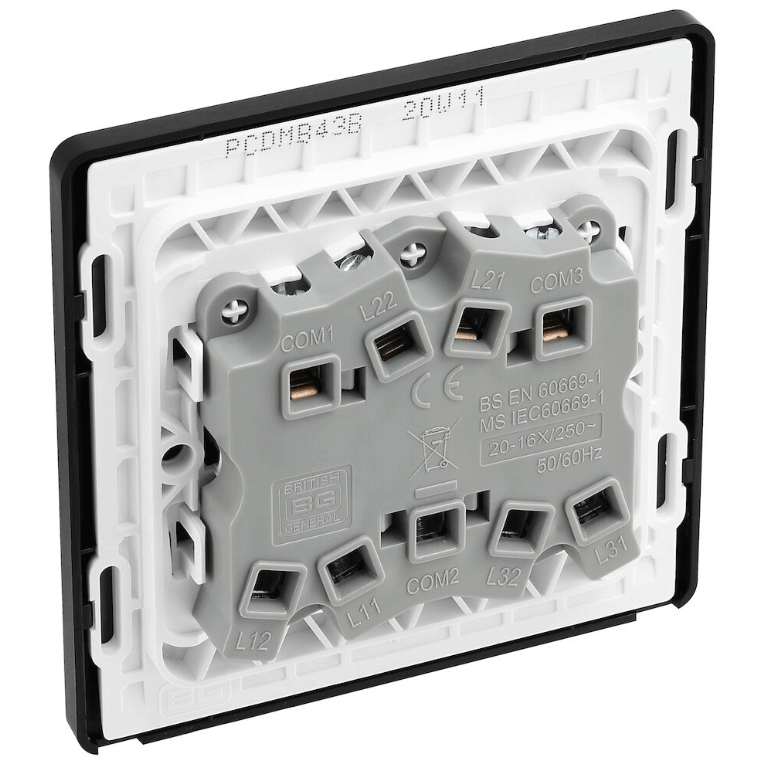 BG Evolve Matt Black Triple Light Switch 20A 16AX 2 Way - PCDMB43B