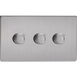 Varilight Screwless 3-Gang 2-Way Push-On/Off Rotary LED Dimmer TwinPlate - Brushed Steel - JDSDP303S