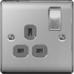 BG Nexus Metal Brushed Steel Single Switched 13A Power Socket - Grey Insert - NBS21G