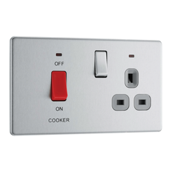 BG Screwless Flatplate Brushed Steel 45A Cooker Control Unit With Switched 13A Power Socket, Includes Power Indicators - Grey In
