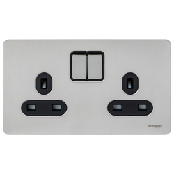 Schneider USFP 13A Double Pole 2G Switched Socket Black Insert - Stainless Steel - GU3420DBSS