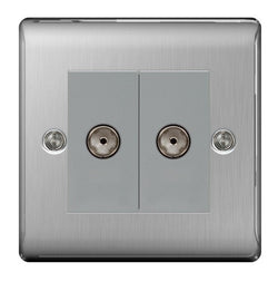 BG Nexus Metal Brushed Steel Double Socket For Tv Or Fm Co-Axial Aerial Connection - NBS61