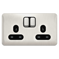 Schneider LSD 2G 13A Switched Socket Black Insert - Stainless Steel - GGBL3020BSS