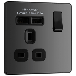 BG Evolve Black Chrome Single Switched 13A Power Socket + 2 X USB (2.1A) - PCDBC21U2B