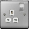 BG Nexus Metal Brushed Steel Single Switched 13A Power Socket - White Insert - NBS21W