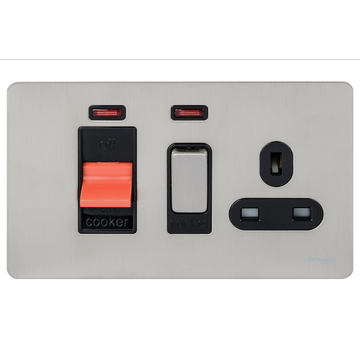 Schneider USFP 45A Cooker Switch with 13A Socket & Neon Black Insert - Stainless Steel - GU4401BSS