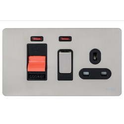 Schneider USFP 45A Cooker Switch with 13A Socket & Neon Black Insert - Stainless Steel - GU4401BSS