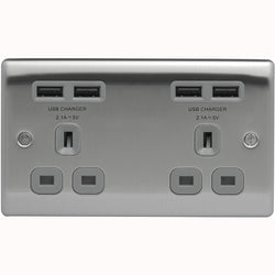 BG Nexus Metal Brushed Steel 2 Gang Plug Socket with 4 x USB Outlets Outlet Grey Insert 13A - NBS24U44G