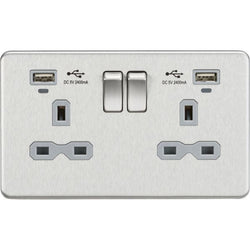 Knightsbridge 13A 2G Switched Socket, Dual USB (2.4A) with LED Charge Indicators - Brushed Chrome w/grey insert - SFR9904NBCG