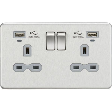 Knightsbridge 13A 2G Switched Socket, Dual USB (2.4A) with LED Charge Indicators - Brushed Chrome w/grey insert - SFR9904NBCG