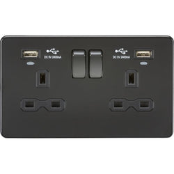 Knightsbridge 13A 2G Switched Socket, Dual USB (2.4A) with LED Charge Indicators - Matt Black - SFR9904NMBB