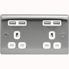 BG Nexus Metal Brushed Steel 2 Gang Plug Socket with 4 x USB Outlets Outlet White Insert 13A - NBS24U44W