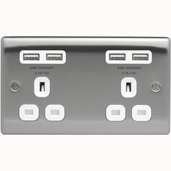 BG Nexus Metal Brushed Steel 2 Gang Plug Socket with 4 x USB Outlets Outlet White Insert 13A - NBS24U44W