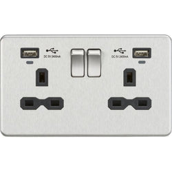 Knightsbridge 13A 2G Switched Socket, Dual USB (2.4A) with LED Charge Indicators - Brushed Chrome w/black insert - SFR9904NBC