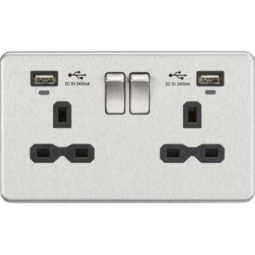 Knightsbridge 13A 2G Switched Socket, Dual USB (2.4A) with LED Charge Indicators - Brushed Chrome w/black insert - SFR9904NBC