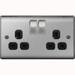BG Nexus Metal Brushed Steel Double Switched 13A Power Socket - Black Insert - NBS22B