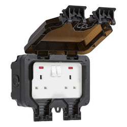 Knightsbridge IP66 13A 2G DP switched socket with neons - Black - OP9N