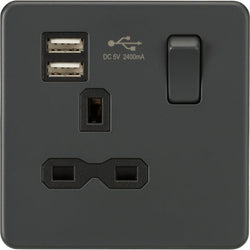 Knightsbridge Screwless 13A 1G switched socket with dual USB charger (2.4A) - Anthracite - SFR9124AT