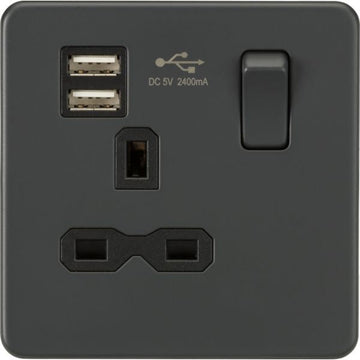 Knightsbridge Screwless 13A 1G switched socket with dual USB charger (2.4A) - Anthracite - SFR9124AT
